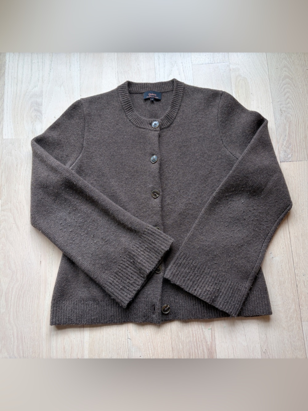 Quince Brown Button-Front Crewneck Cardigan